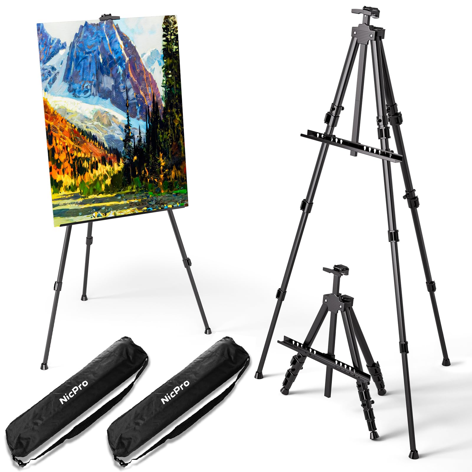 Nicpro Kunst-Staffelei für Schilder, 2 Stück, schwarz, Aluminium-Staffelei, verstellbare Höhe 43,2 bis 167,6 cm, für Tisch-/Bodenmalerei, Display, Poster, Leinwand, mit Aufbewahrungstasche