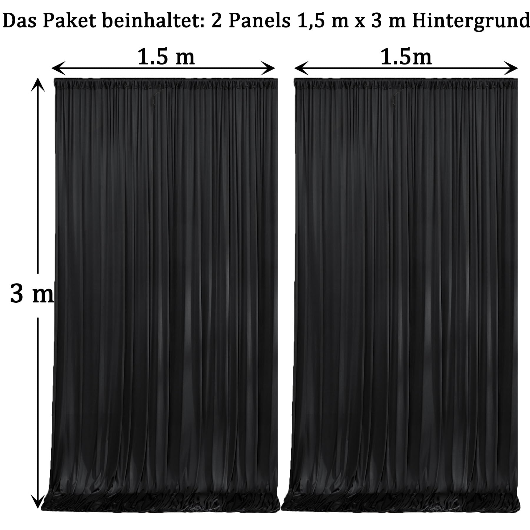 Cortina Negra de Poliéster 3 x 3 m para Telón de Fondo - Decoración para Boda, Fiesta, Cumpleaños, Baby Shower, Bautizo, Despedida de Soltera