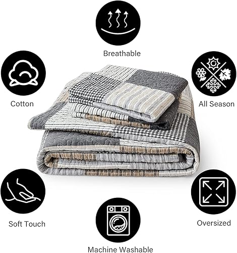 Vista 42 de PANGUSHAN Juego de edredón de 100 % algodón, tamaño Queen, juego de ropa de cama de retazos a cuadros, edredón reversible ligero de granja, colcha