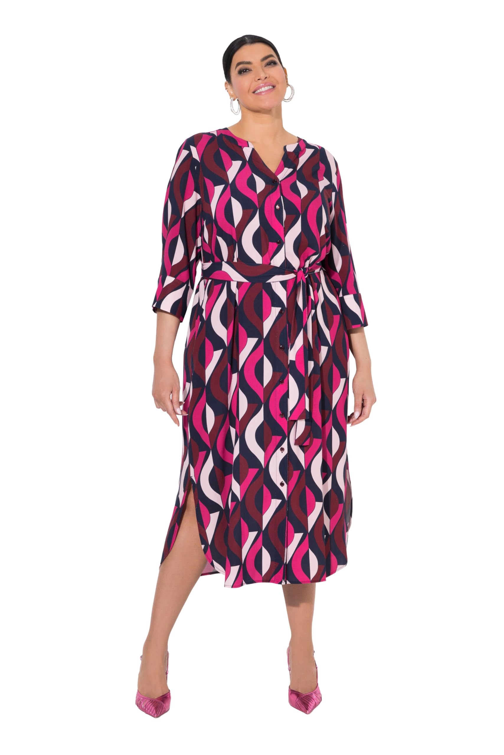 Ulla Popken Damen große Größen Übergrößen Plus Size Maxikleid, A-Linie, Tunika-Ausschnitt, 3/4-Arm 841529