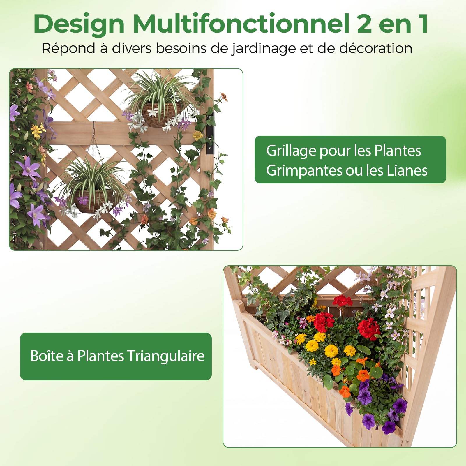 GOPLUS Jardinieres Exterieur avec Treillis en Bois, Jardinière d’Angle en Treillis Surélevée, Trous de Drainage, Bac à Fleurs, Plantes, 55x55x140 CM Idéal pour Balcon, Terrasse, Patio (Naturel)