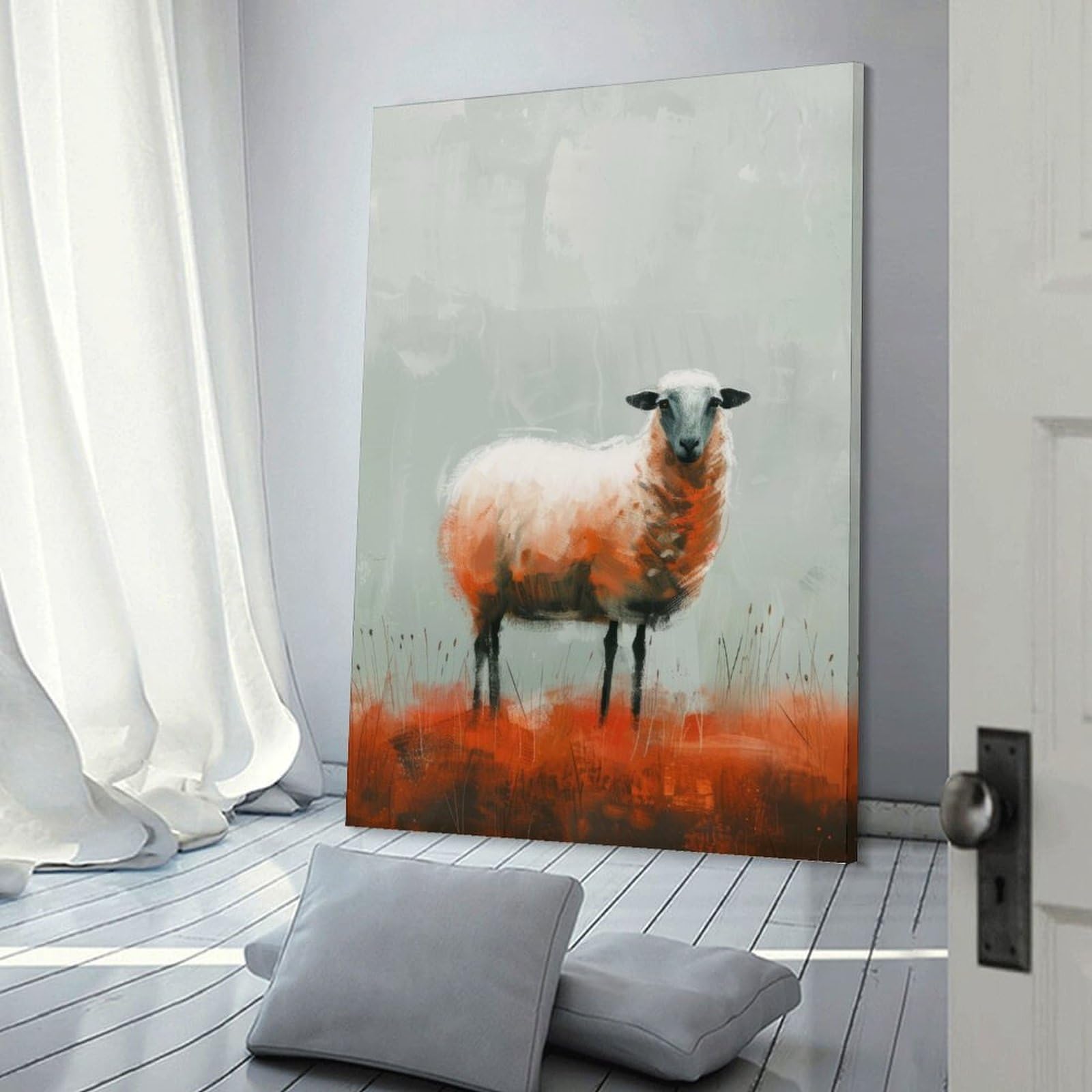 Junmoney Frame-Style-17 Wall Picture Print Sheep In A Field, 12X18inch(30X45cm), For Contemporary Homes, Apartments Or Offices, Decorative Canvas Decor For Home Updates