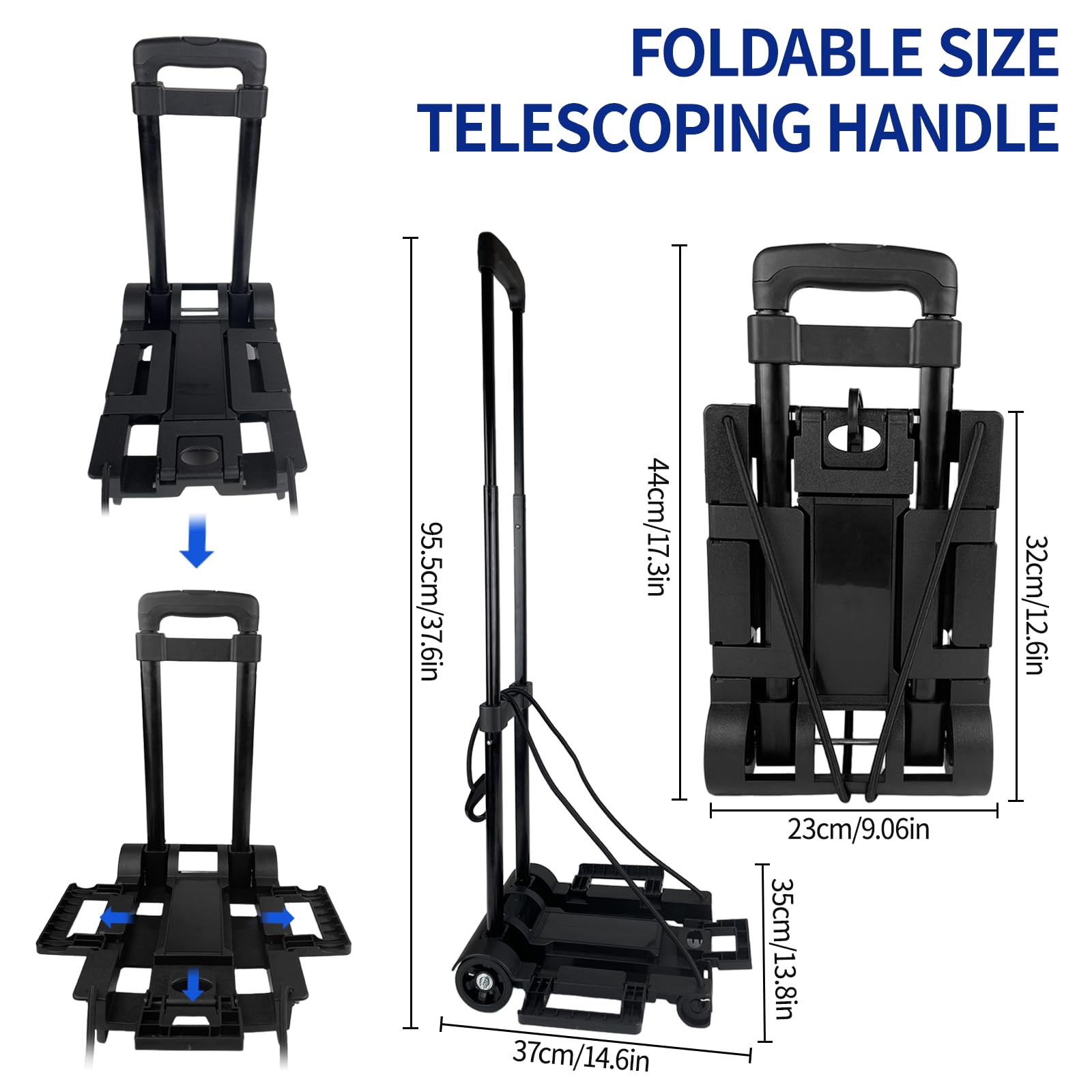 Carrello Pieghevole in Alluminio, Portatile Carrello per Trasporto, Portata Massima 65kg, Manico Telescopico Lungo 95.5 cm, Dimensioni Piattaforma 35 * 36 cm Ideale per Viaggi, Traslochi