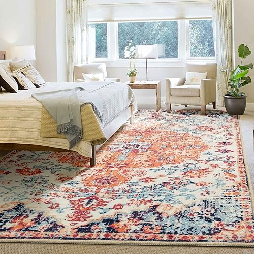 Miniatura 3 de TANVILL Alfombra de área de 5 x 7 pies, estilo vintage, bohemio, envejecida, lavable, antideslizante, para dormitorio, sala de estar, azulnaranja