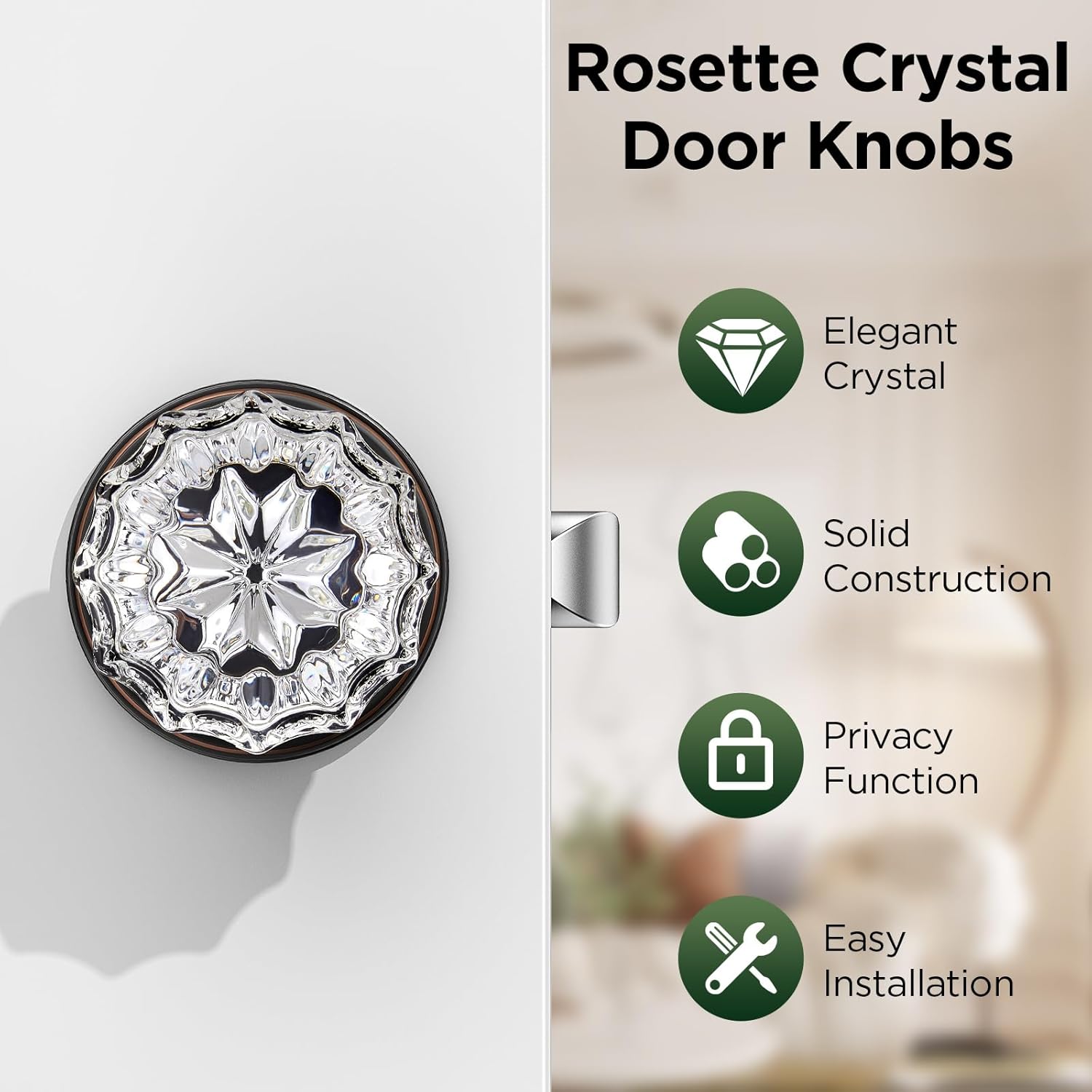 1 Pack Crystal Door Knob, Rosette Shaped Glass Door Knobs Interior with Lock, Oil Rubbed Bronze Door Knobs Interior Glass