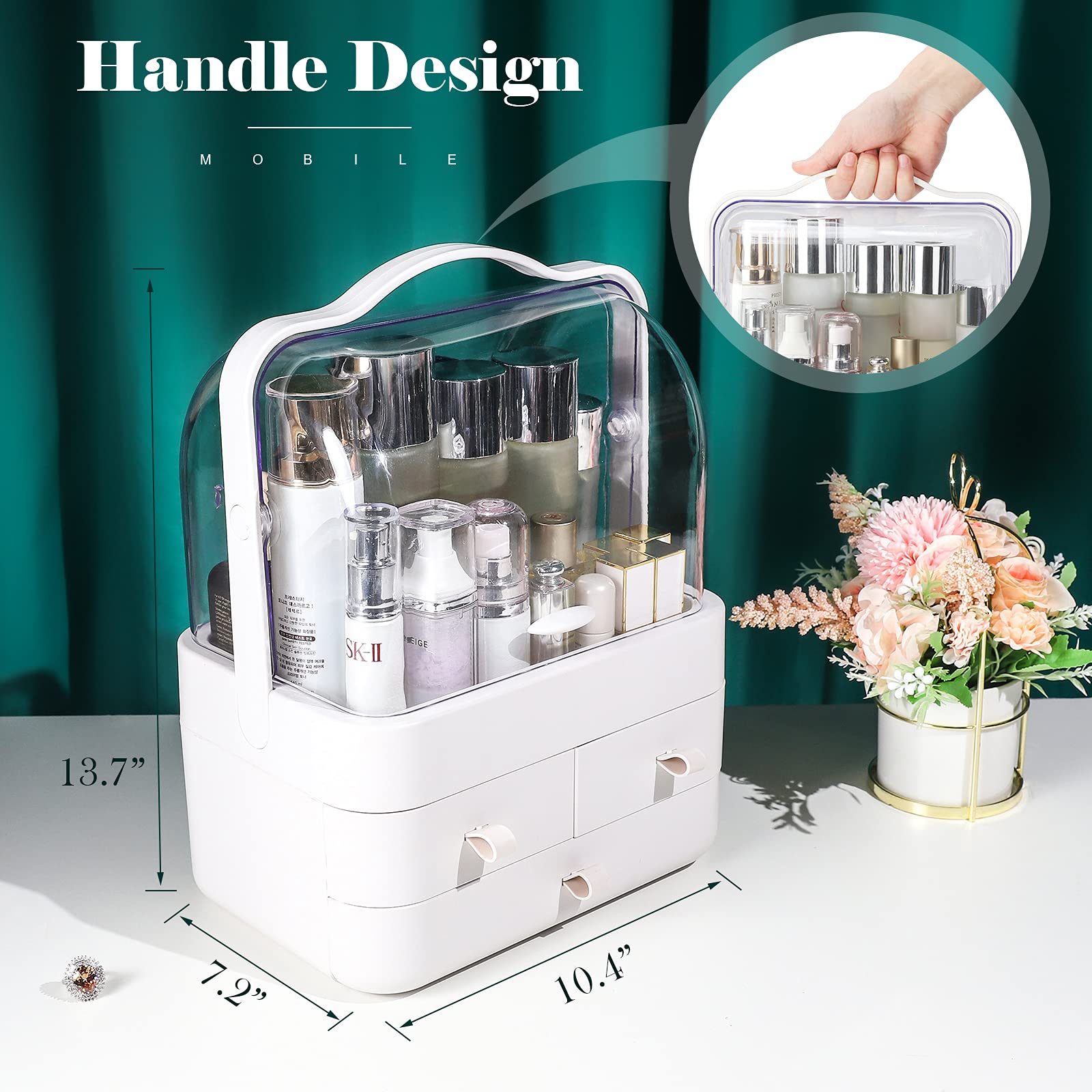 Homde Makeup Organizer Dust Water Proof Cosmetics Storage Display with Fully Open Lid Drawers Handle Skincare Case Great for Bathroom Countertop and Bedroom Vanity Dresser