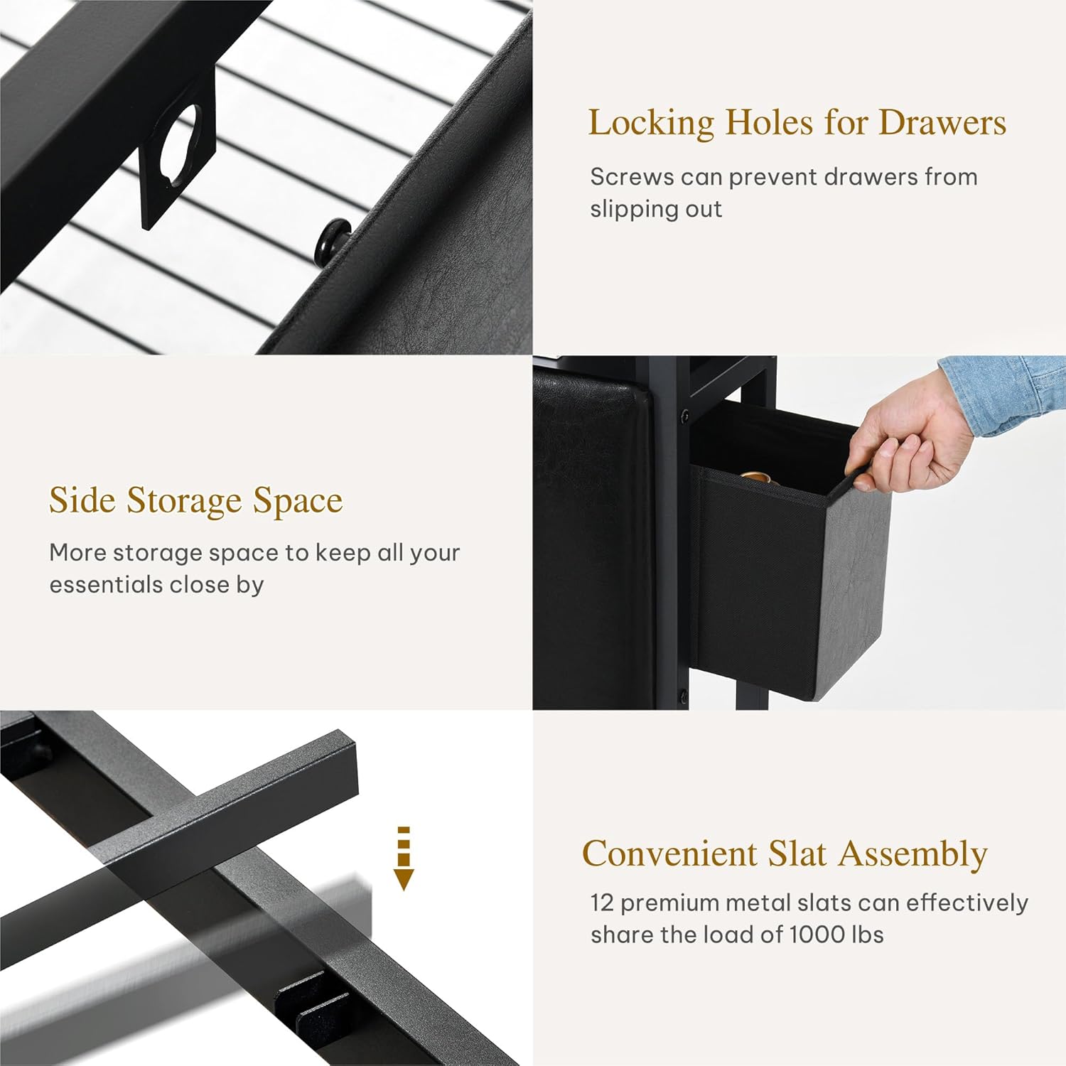 Close-up of bed frame showing locking holes for drawers and metal slat assembly