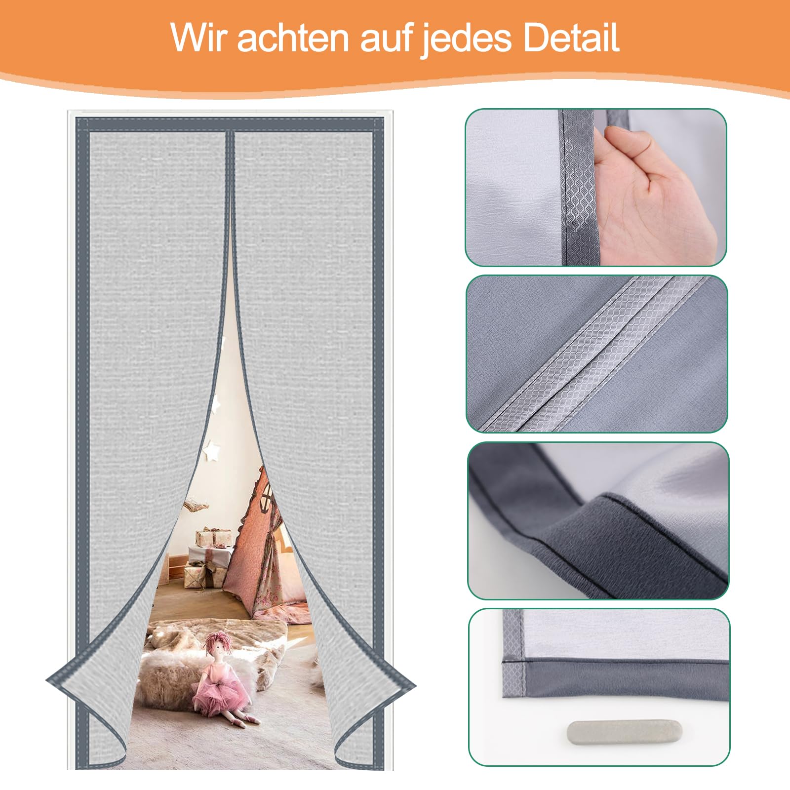 Magnet Thermovorhang Tür 120x220cm, Full Frame Klettverschluss Verdunklungsvorhänge Automatischer Verschluss Magnetische Adsorption, für Haustür Wohnzimmer- Hellgrau