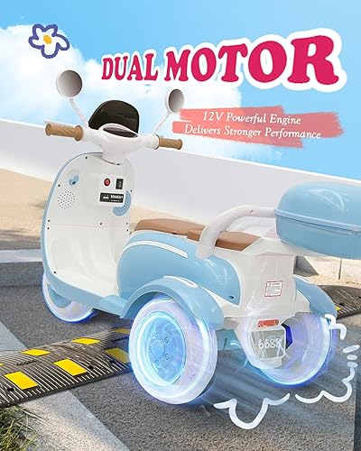Miniatura 2 de Motocicleta de 12 V, scooter eléctrico de 2 plazas para niños con caja de almacenamiento, música, luz LED, bocina, motor de 2 x 50 W, tiempo de