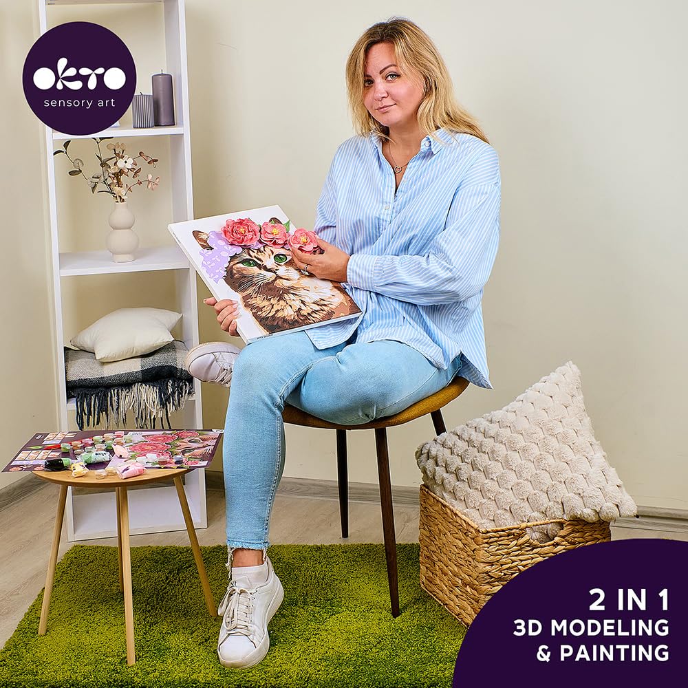 Okto & Ideyka 30010 - Juego de modelado 3D y pintura por números - Elegante gatito - Kit para creatividad y decoración - Arte sensorial - Pintura acrílica y arcilla seca al aire - Tamaño del marco 30