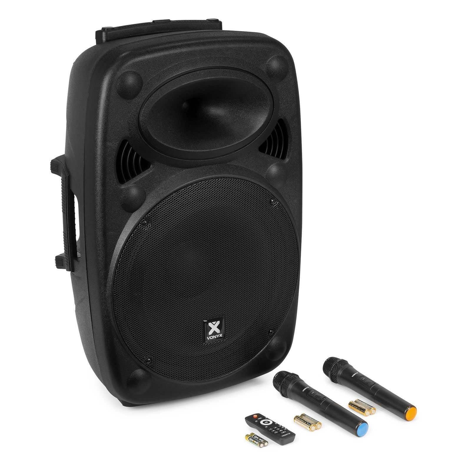 Vonyx Verve46, Akku Partybox Bluetooth Lautsprecher Groß, 1000W, 2 UHF Mikrofonen, MP3, Mobile PA Anlage Komplettset, Party Lautsprecher mit Fernbedienung - Schwarz
