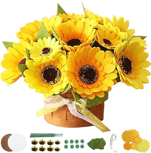 BAZIMA Kit de manualidades de flores de fieltro, kit de bonsái de fieltro de girasol, 12 girasoles de fieltro, regalos florales, kit de manualidades