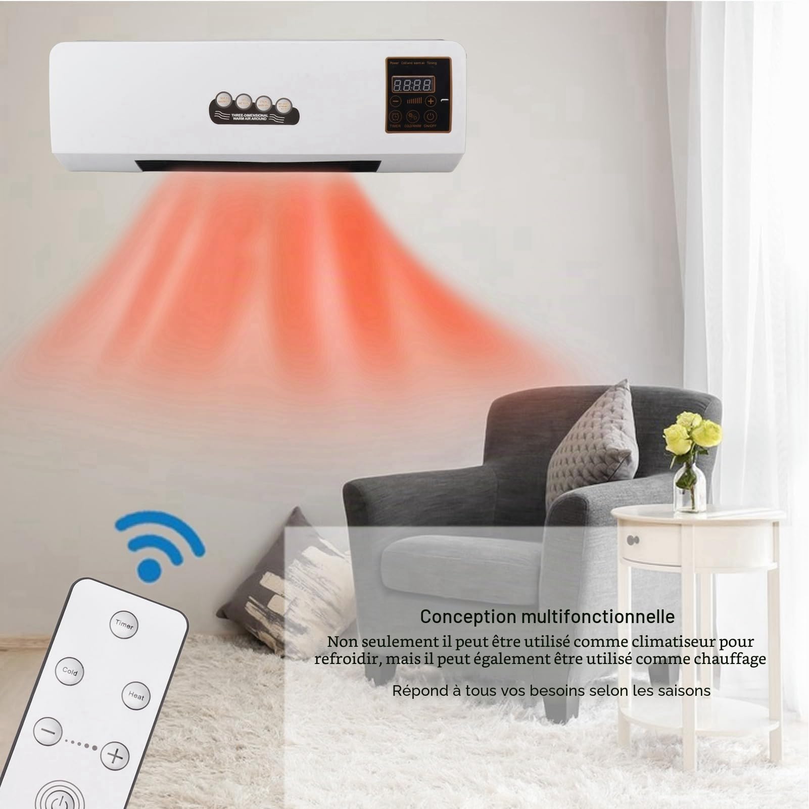 Chauffage de Climatiseur, Machine de Air chaud de air naturel Électrique Murale 1800 W, Élément Chauffant PTC avec Minuterie Télécommandée pour Chambre à Coucher, Salle de Bain