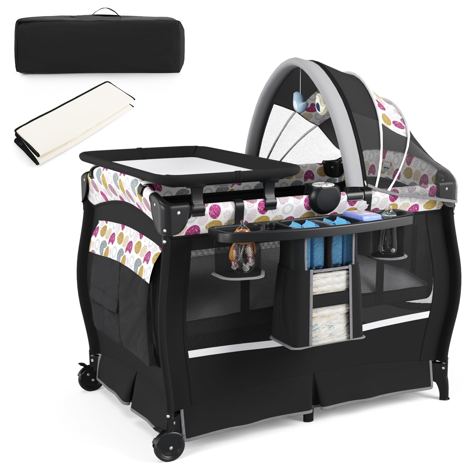 COSTWAY Lit Parapluie Bébé avec Matelas & Table à Langer Escamotable, Lit Bébé Évolutif avec Boîte à Musique & Jouets Suspendus, Auvent Réglable, Lit de Voyage pour 0-36 Mois (Cercles colorés,Noir)