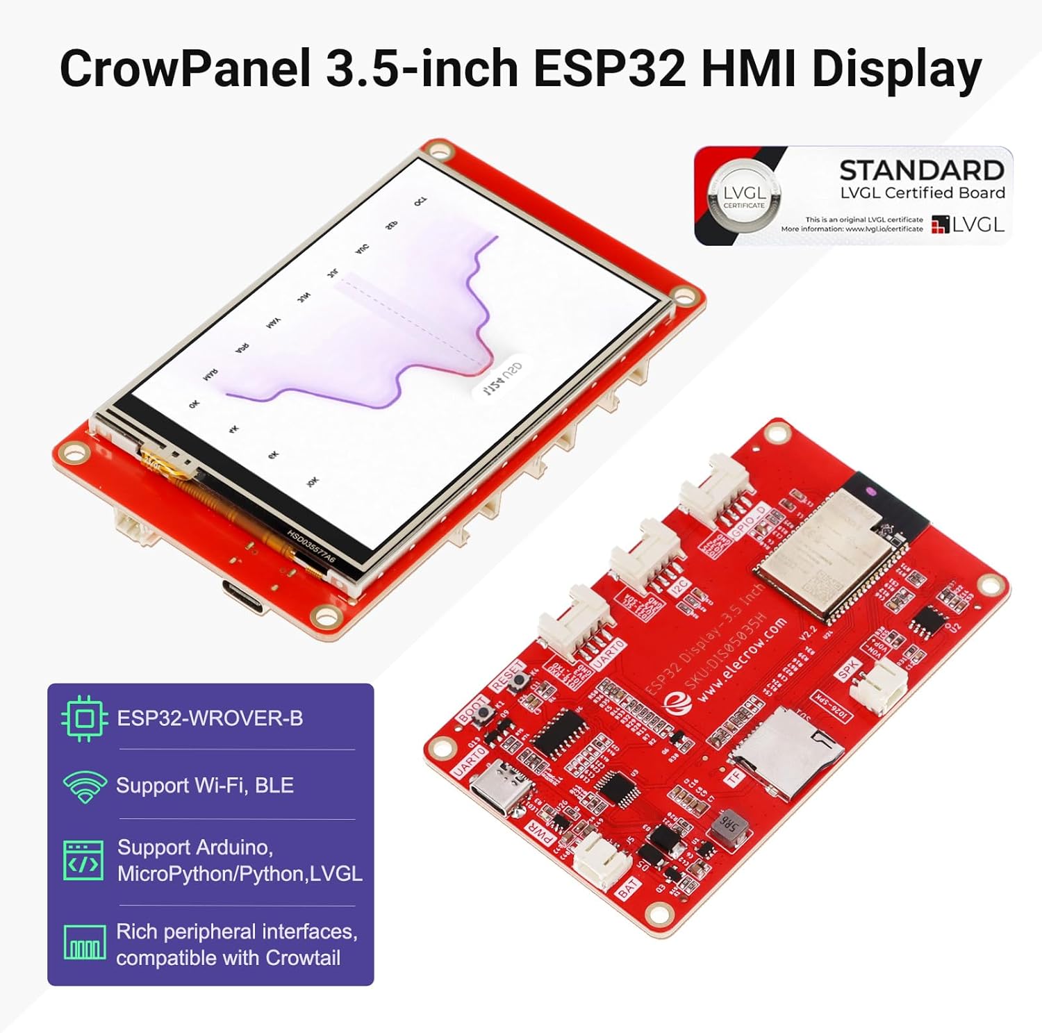 ELECROW ESP32 Display 480x320, 3.5 Inch HMI Basic ESP32 SPI TFT LCD Touch Screen, 32-Bit LX6 Dual-Core Processor, Up to 240MHz, Compatible with Arduino, LVGL, PlatformIO, MicroPython