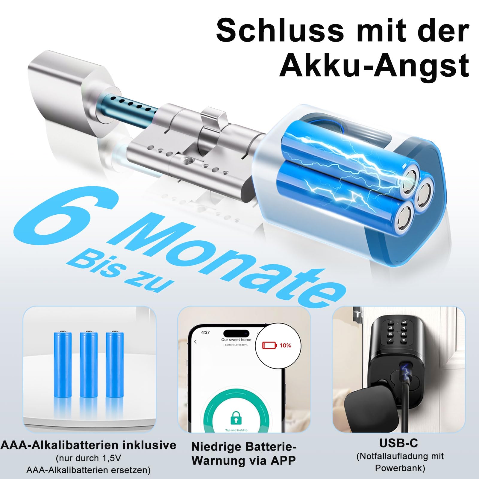 Türschloss Fingerabdruck, Fingerabdruck Schloss, Verstellbare Länge elektronisches türschloss, Smart Lock mit RFID-Karte, App, WLAN, Bluetooth-Entriegelung,Verlängerungszubehör,60–90 mm,Silber