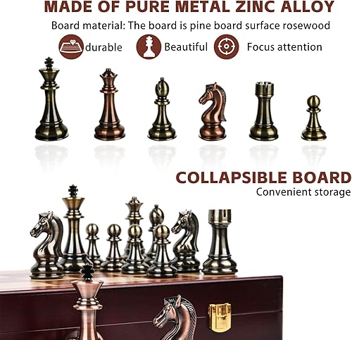 Miniatura 2 de Juego de ajedrez de metal retro de 12 pulgadas para adultos y niños, tablero de ajedrez de madera con piezas de ajedrez de metal, juego de ajedrez
