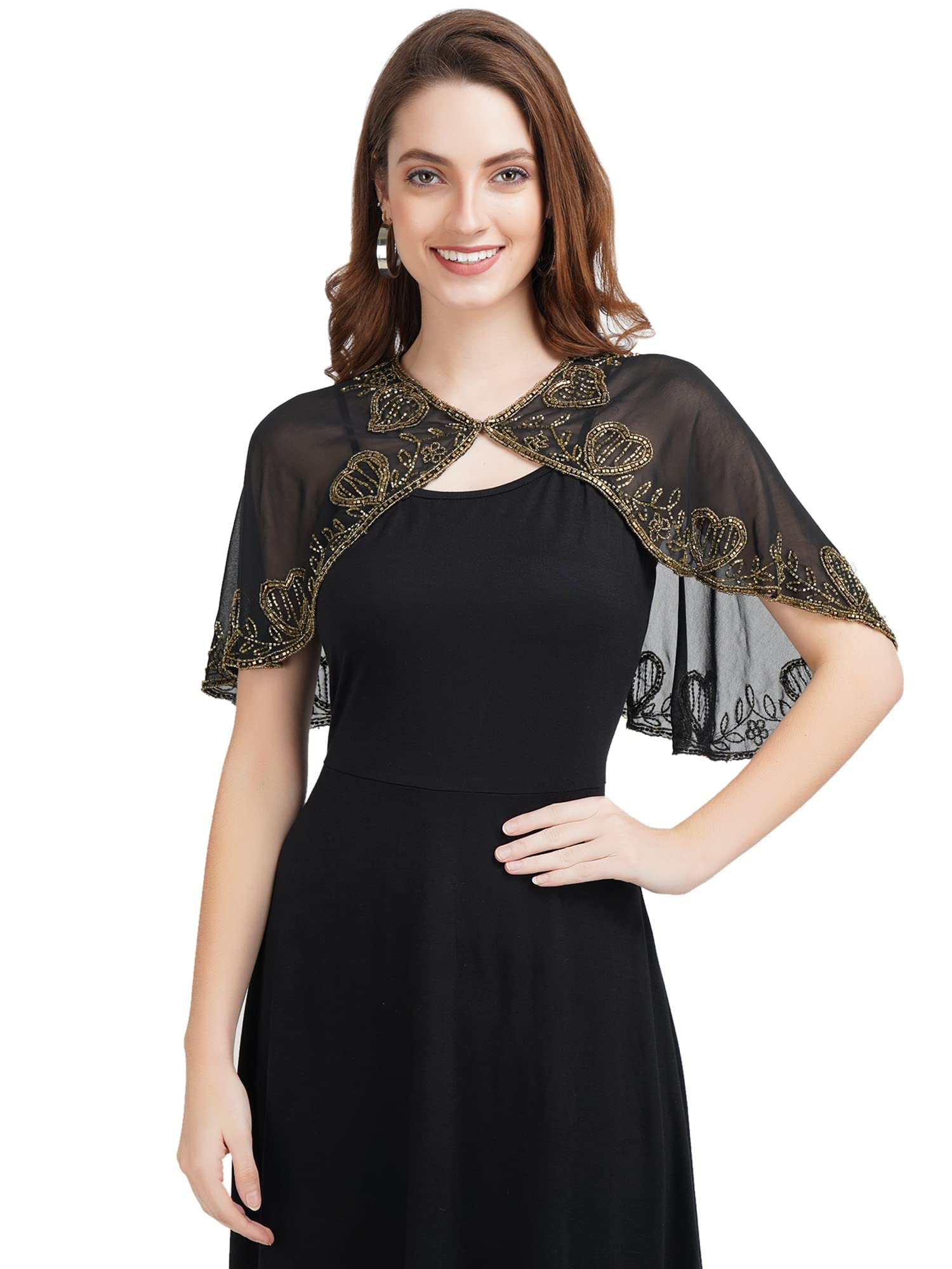 Women's Golden Beads Heart Embroidered Georgette Ponchos