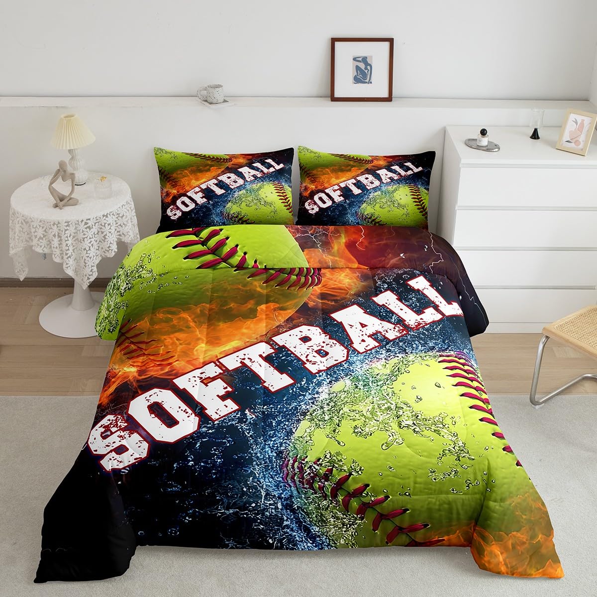 Castle Fairy 3D Softball Comforter Twin Size,Ice and Fire Bedding Sets for Boys Girls Bedroom Decor, Boys Gamer Quilt 2 Pcs,Ball Sports Gaming Duvet Insert with 1 Pillowcase