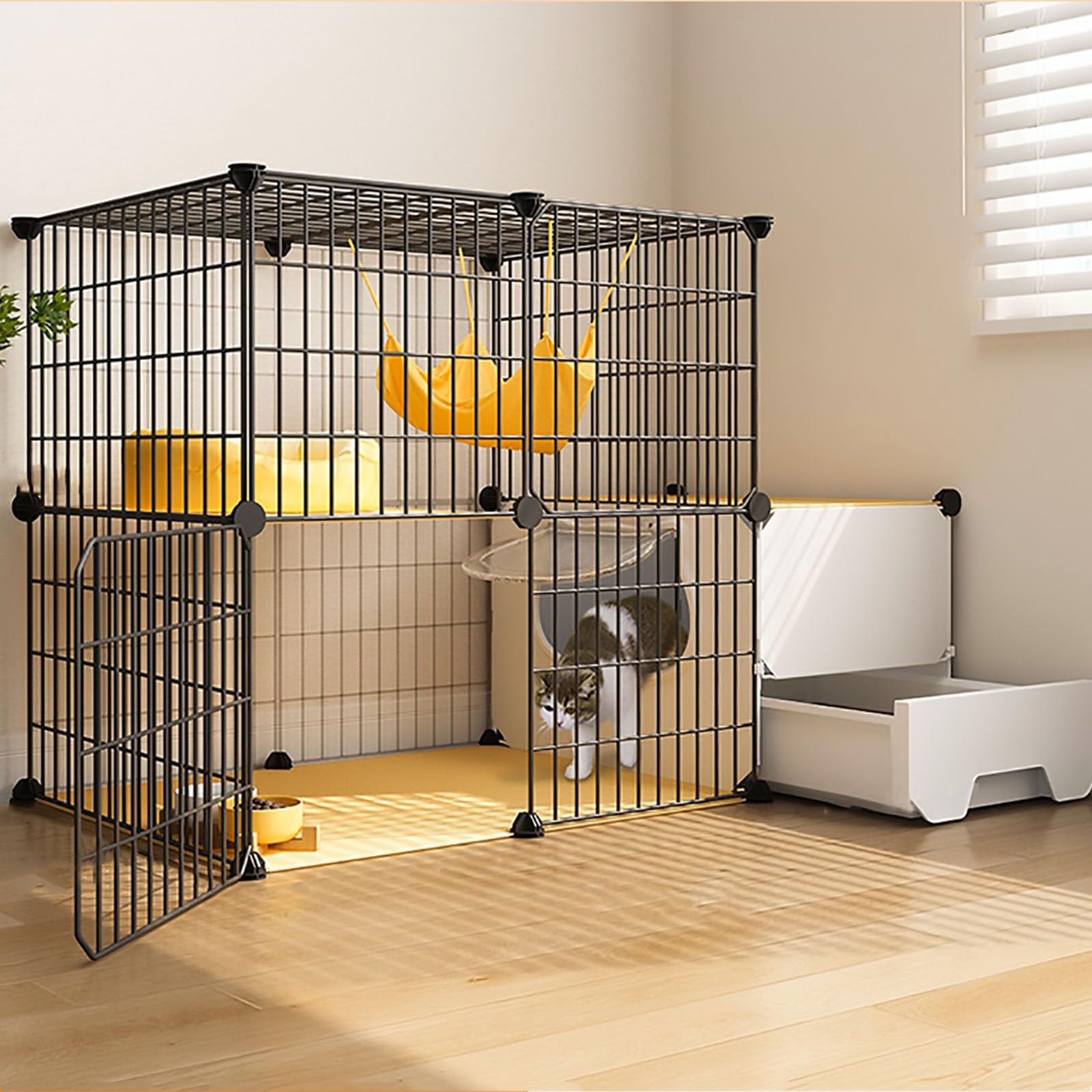 Cage pour chat d'intérieur grillage métallique 111cm | Grand enclos pour chat avec litière