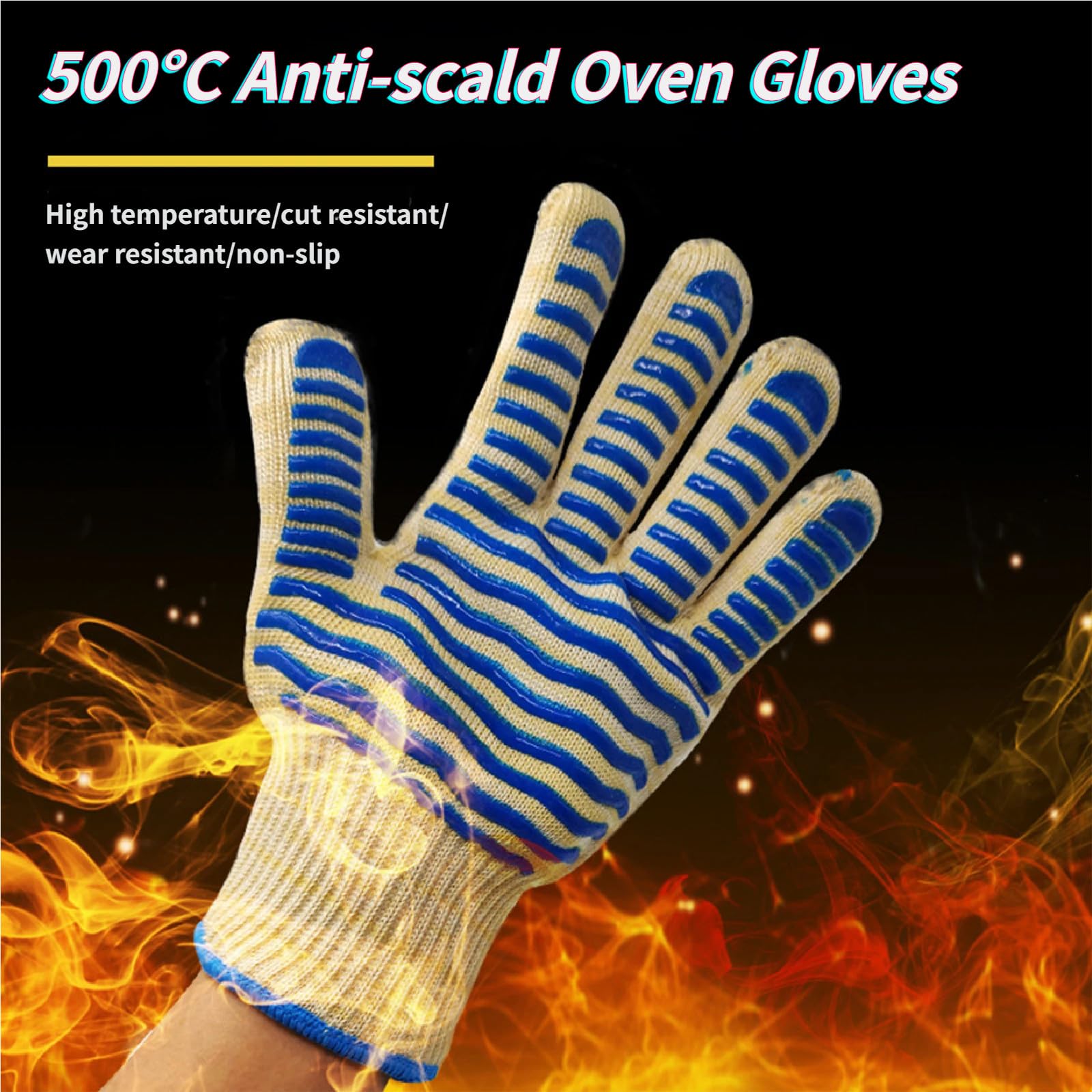 Guantes Barbacoa, Calor hasta 500°C, Silicona Antideslizante, Guantes Cocina para Parrilla, Hornear, Microondas, 2 Par Blue-26cm/10.24in