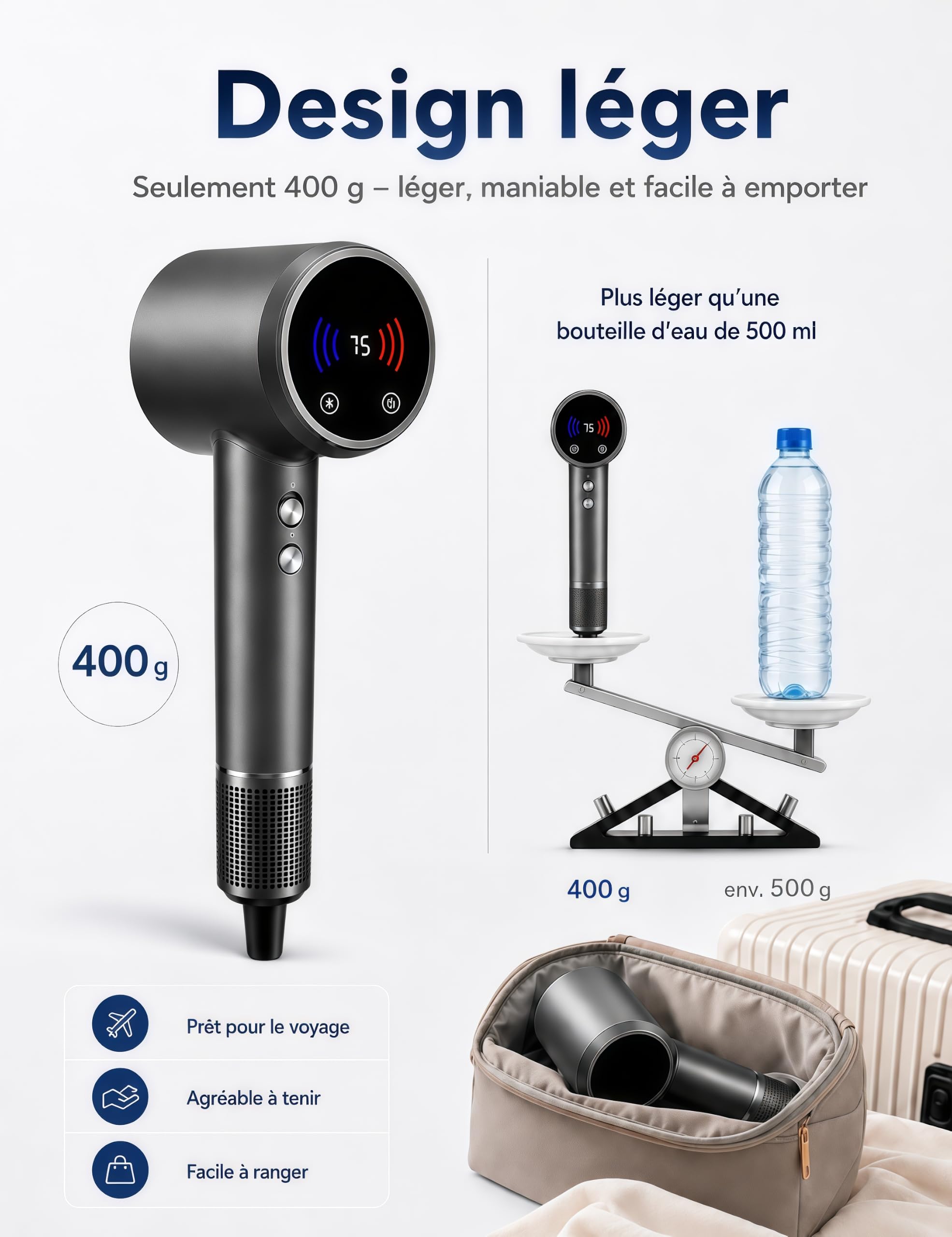 Sèche-Cheveux Haute Vitesse avec 5 Diffuseurs Compatible avec Dyson, 160 000 tr/min, Ionique, Moteur sans Balai Silencieux, Écran Tactile LED, Contrôle NTC, 600 M d’Ions Négatifs, 13 Modes, Magnétique