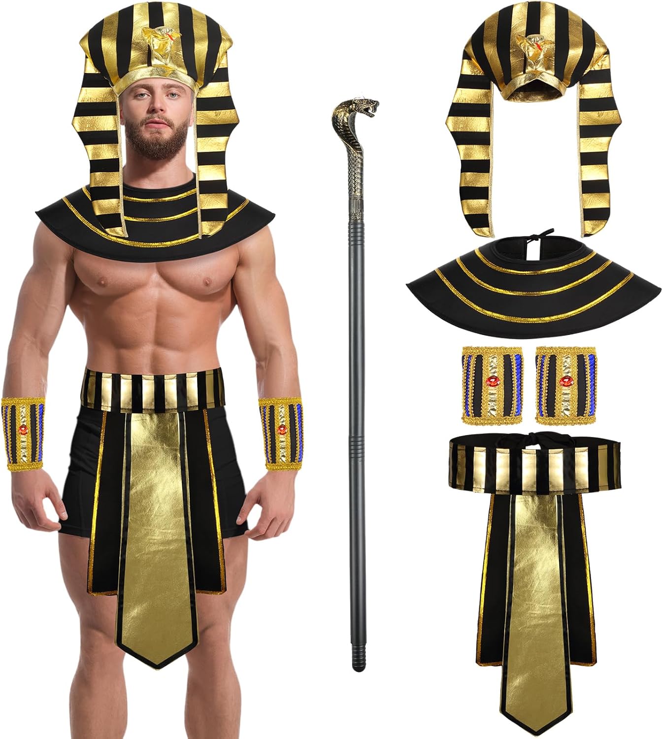 Geosar 5 Pcs Halloween Egyptian Costume Accessory Set Include Pharaoh Headpiece Hat Cobra Cane Belt Collar Wristbands for Men