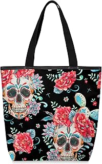 Sacolas de lona com zíper e bolso interno, bolsa de ombro feminina casual bolsa de mão aquarela crânio rosa flor, bolsas de compras reutilizáveis para cozinha sacolas de lona para uso para livros, sacolas de compras, sacolas de presente, Multicor