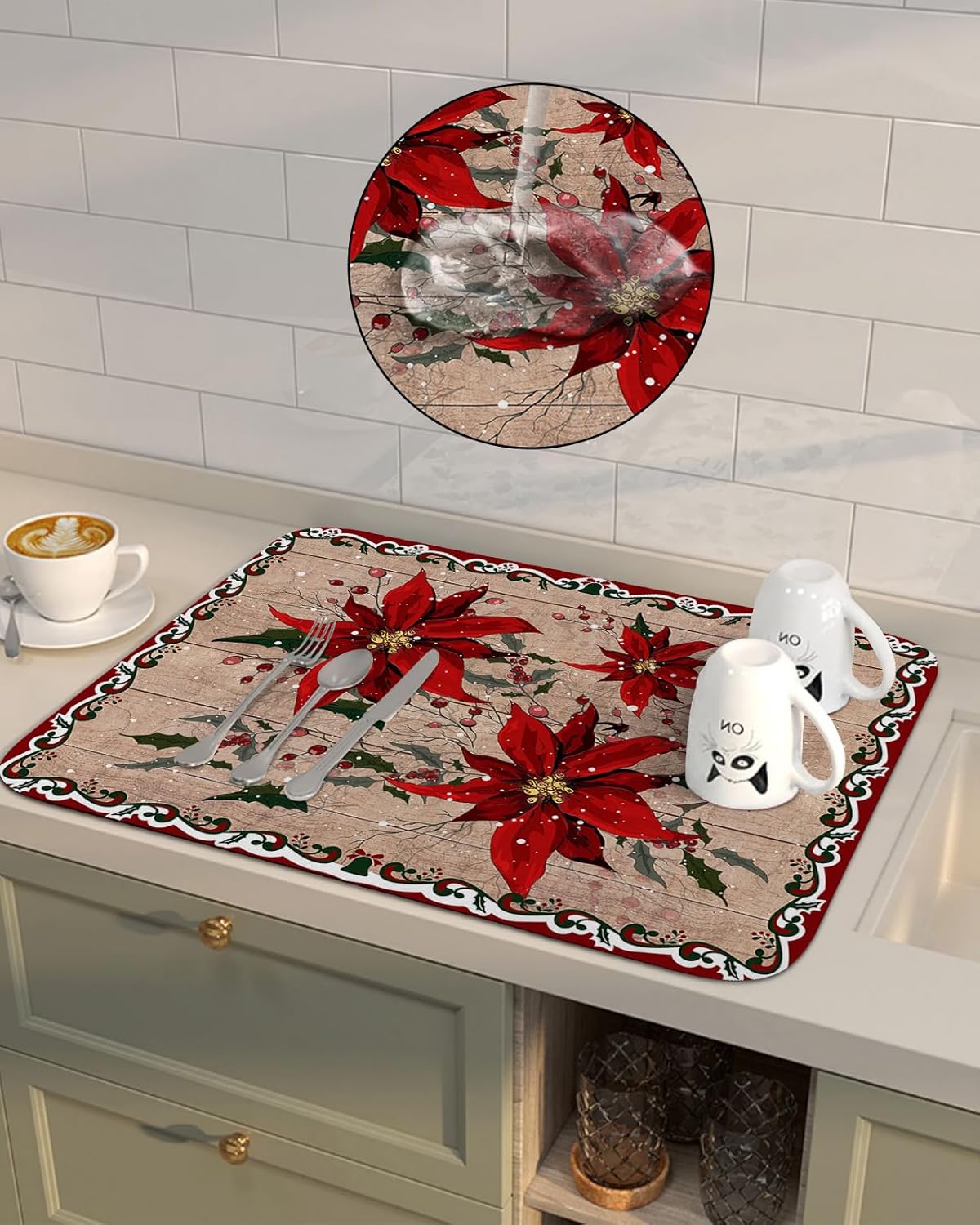 Christmas Poinsettia Dish Drying Mats for Kitchen Counter/Sink, Absorbent Bottle Drying Mat, Xmas Berry Botanical Vintage Wooden Dish Drainer Mat Non-Slip Coffee Mat Dish Drying Pad 16"x18"