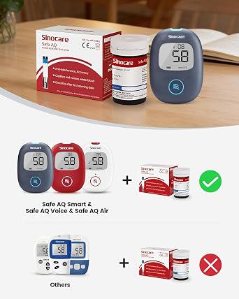 sinocare Safe AQ Air Blood Sugar Test Kit & 50 Strips, Bluetooth Connection