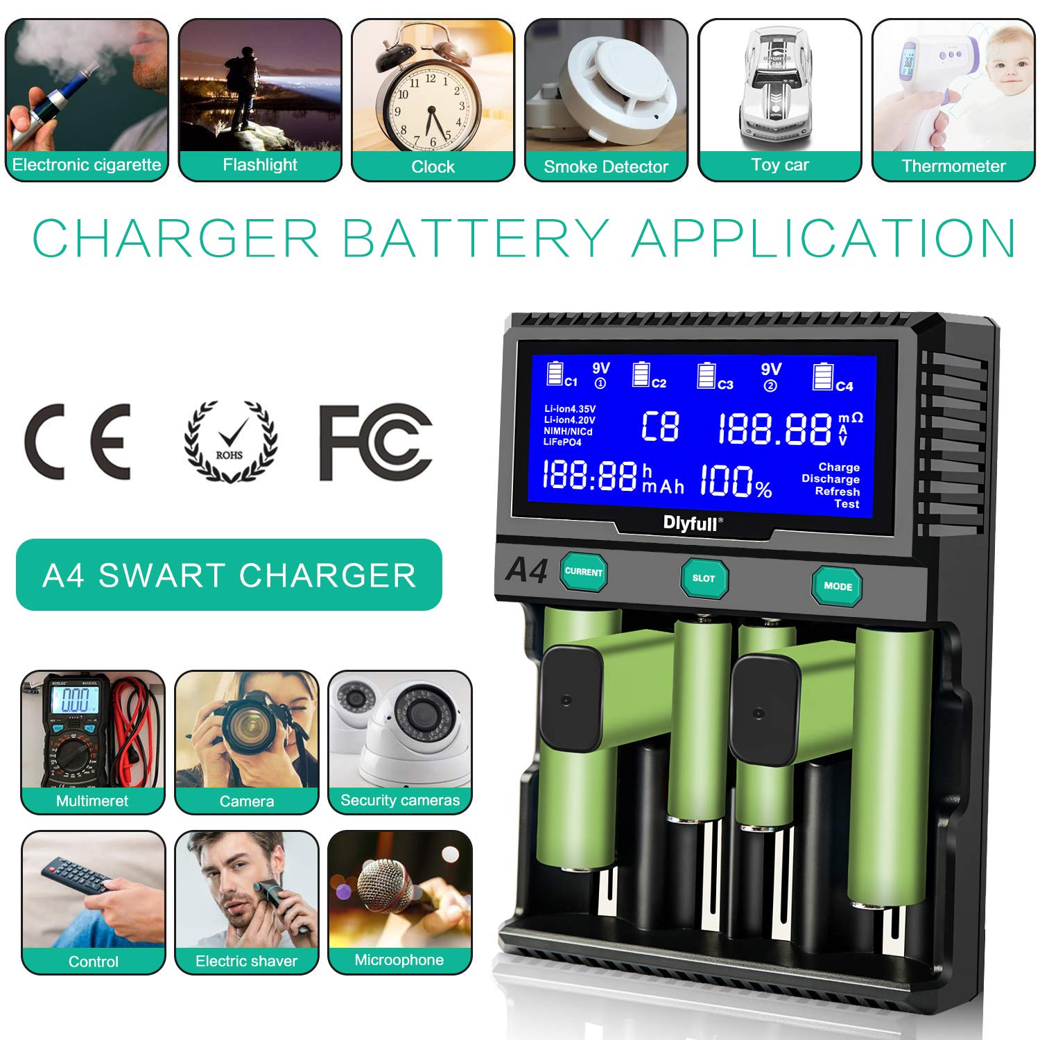 LCD Display Battery Charger 4 Slot 2 9V Battery Slot for 18650 A AA AAA AAAA C D 9V Ni-mh Ni-cd Li-ion Lifepo4 Rechargeable Batteries with Discharge Refresh Test Function : Electronics