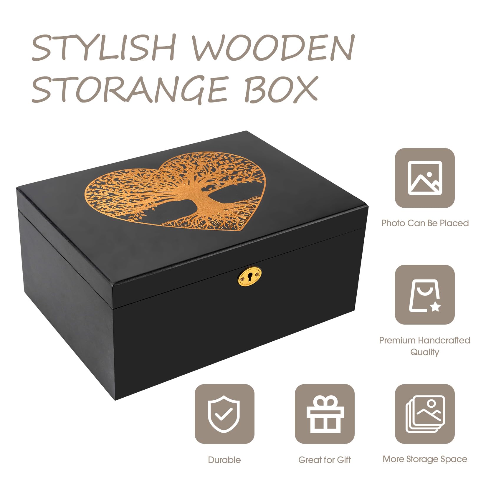 Tree of Life Cajas de recuerdo de madera más grandes con tapas con bisagras y marco de fotos de bloqueo dentro de la tapa, caja de almacenamiento decorativa con tapa de bisagra para cápsula de tiempo