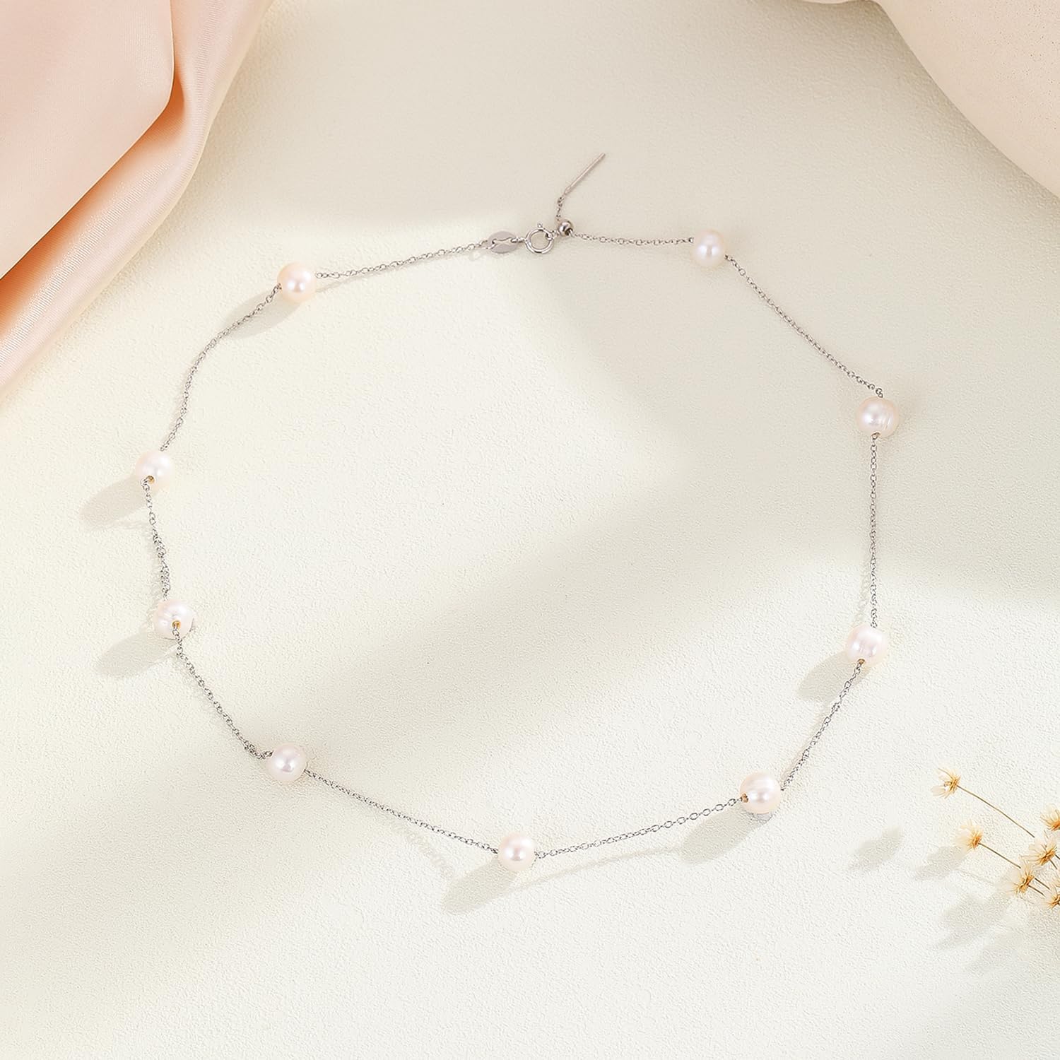 AAA+ Quality White Freshwater Pearls Necklace for Women | 6.5-7mm Round White Pearls with 925 Sterling Silver Chain