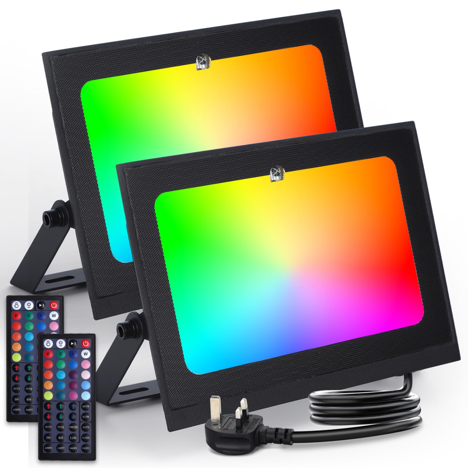 Aigostar Black Led Floodlight Outdoor 50W 5000Lm, Colour Changing Flood Lights Dimmable, Rgb Outdoor Lights Mains Powered With Remote Control, Timing, 6 Modes, Ip65 Waterproof, Uk 3-Plug, 2 Pack