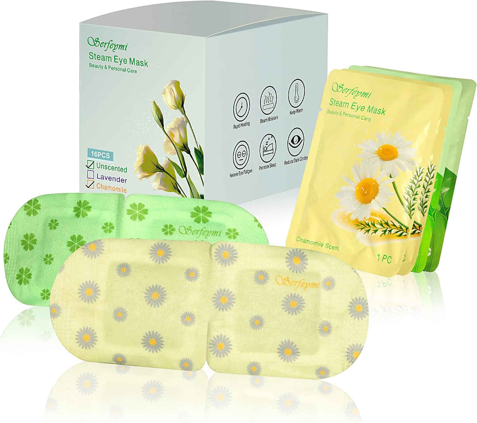 Serfeymi 16 Packs Steam Eye Masks for Sleep, Self Heating Warm Eye Mask, Hot Compress Eye Mask Skincare Disposable Eye SPA Heated Eye Mask for Eye Care -Unscented(8PCS)+ Chamomile(8PCS)