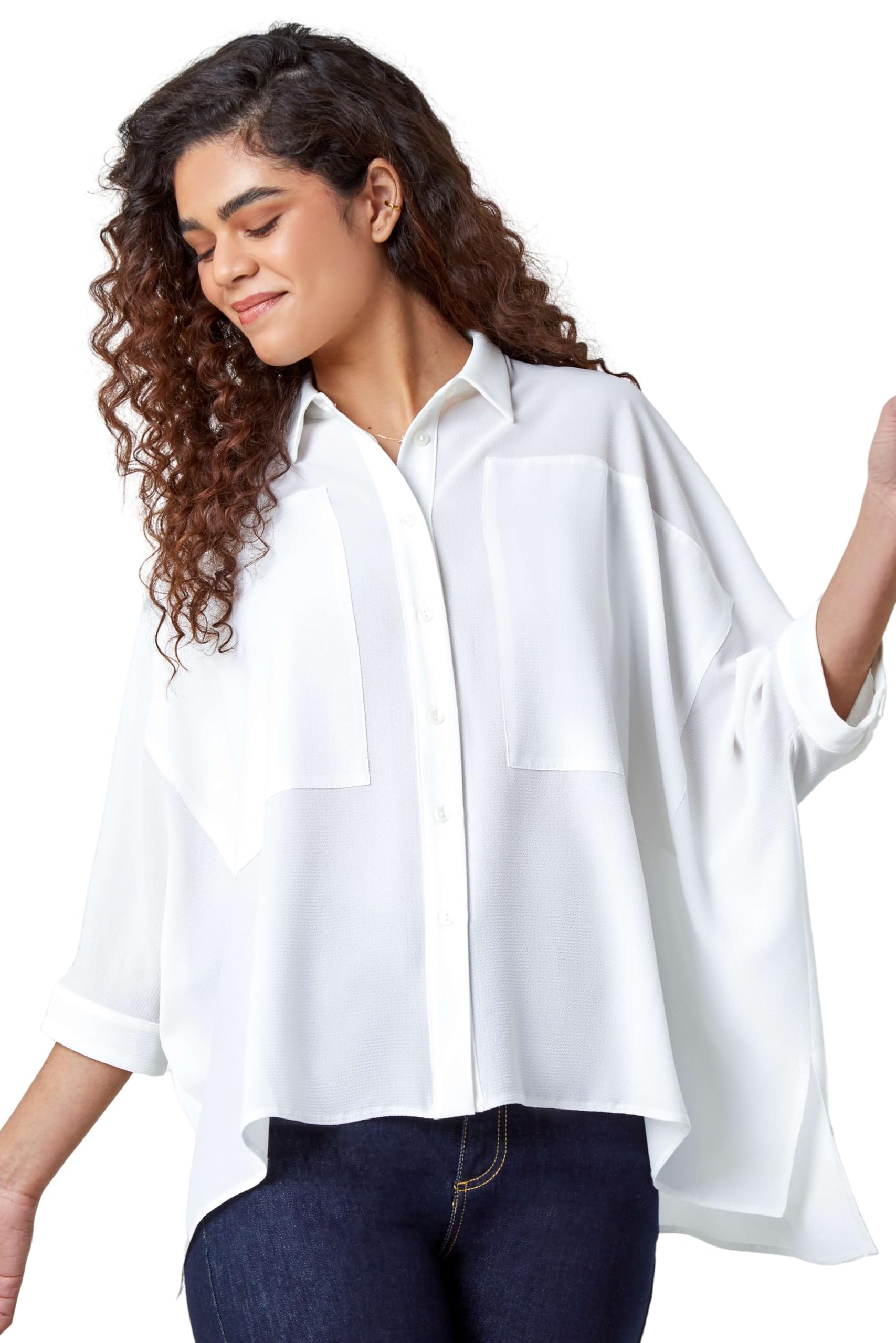 Roman Relaxed Smart Stretch Shirt for Women UK - Ladies Spring Everyday Summer Break 3/4 Length Sleeve Soft Classic Collar Comfy Lightweight Blouse Vacation Tops - Ivory - Size 18