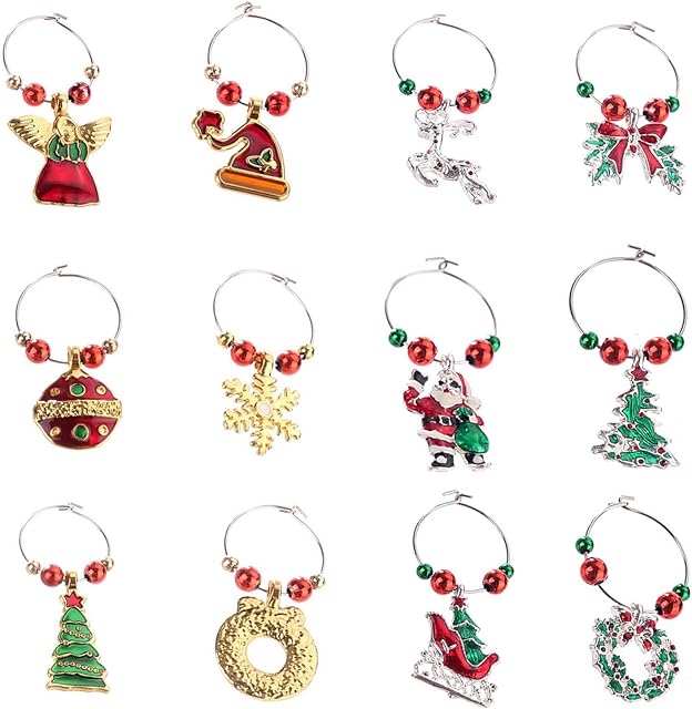 COSORO 12Pcs Xmas Wine Charms,Christmas Wine Glass Marker Drink Markers-Handmade Multi Colour Wine Glass Charms for Christmas Party Bar Table Decorations