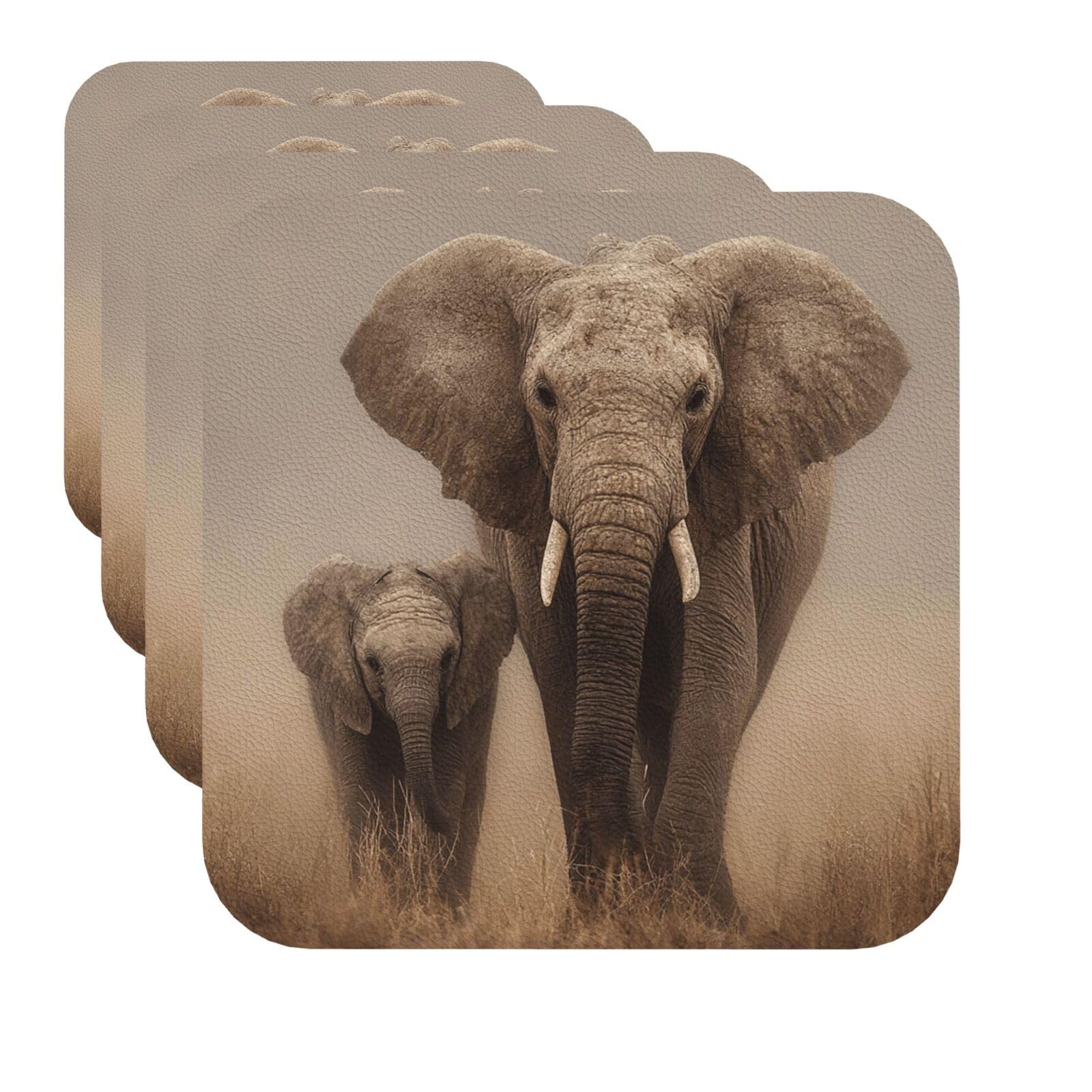 Drink Coasters Set of 4 Quick-Dry Leather Coaster Walking elephants Coasters for Drinks Coffee Cup Mat Tabletop Protection Heat Resistant Coaster for Kitchen Bar Office Home Decor