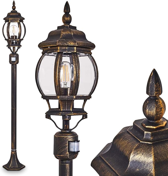 hofstein Lentua Outdoor Lamp with motion detector, cast aluminum in brown/gold with plastic discs, standing lamp 130 cm, retro/vintage garden lamp, E27 socket, IP44, without light bulbs