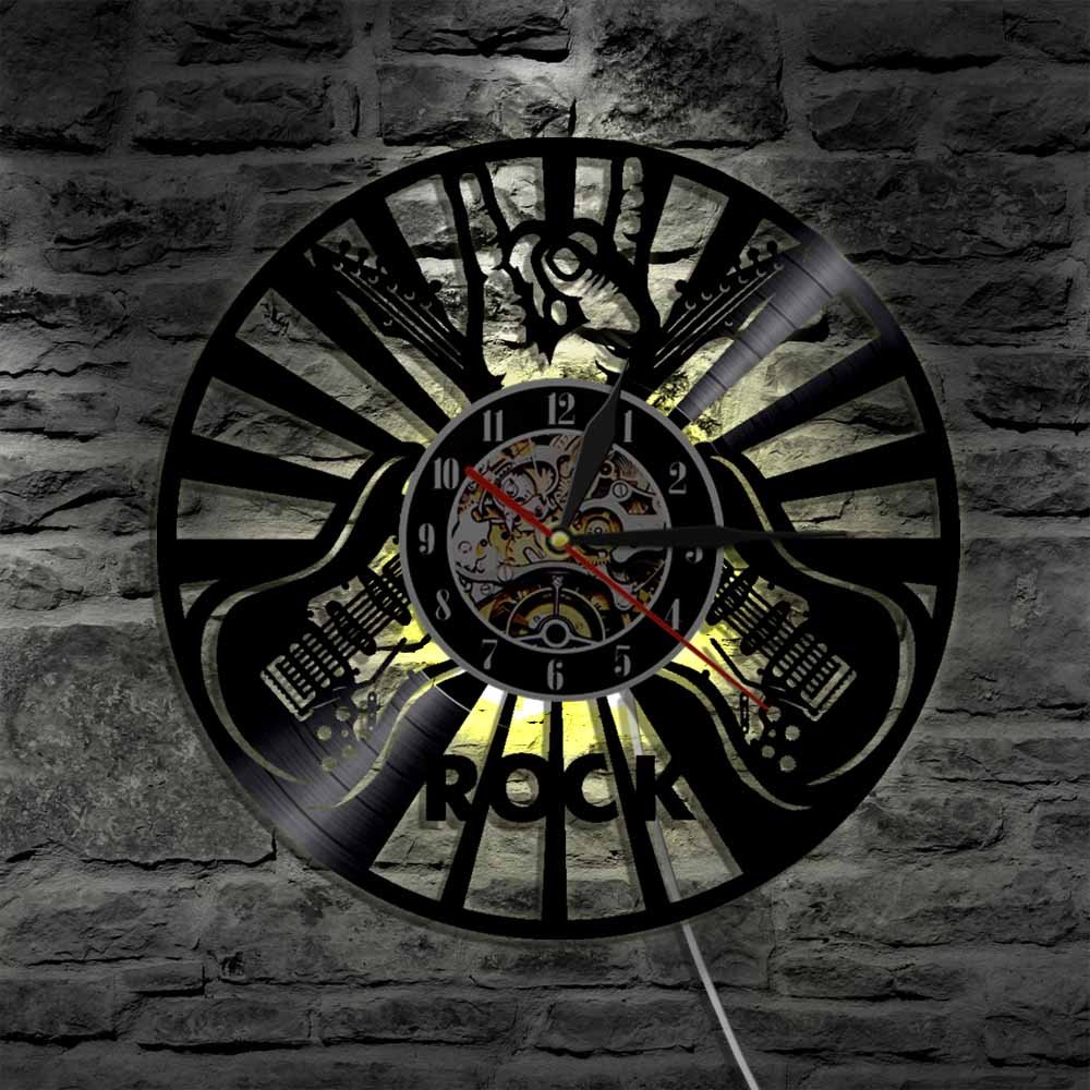 Rock Hand Sign Wall Art Orologio da parete Design moderno Sala da musica Decorazione da parete Orologio da record in vinile Amante della musica rock Chitarristi Regalo Regali per la festa della mamm