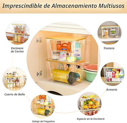 Miniatura 5 de Delamu Juego de 2 organizadores y almacenamiento de despensa, dispensador de bolsas de basura con parte superior de bambú, organizador apilable