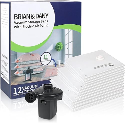 Miniatura 1 de Brian & DANY Bolsas de almacenamiento al vacío con bomba eléctrica, ahorro de espacio sellado para ropa colchón, paquete de 12 (4 Jumbo, 4L, 4