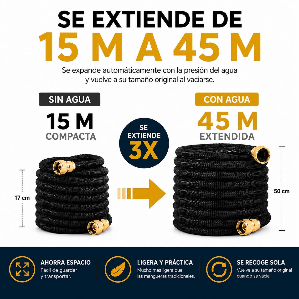 Manguera Extensible Jardín 45metros con Pistola de Riego Premium de 8 Modos, Conectores de Latón. Resistente y duradeea. Manguera agua flexible Reforzada Antifugas Alta Presión