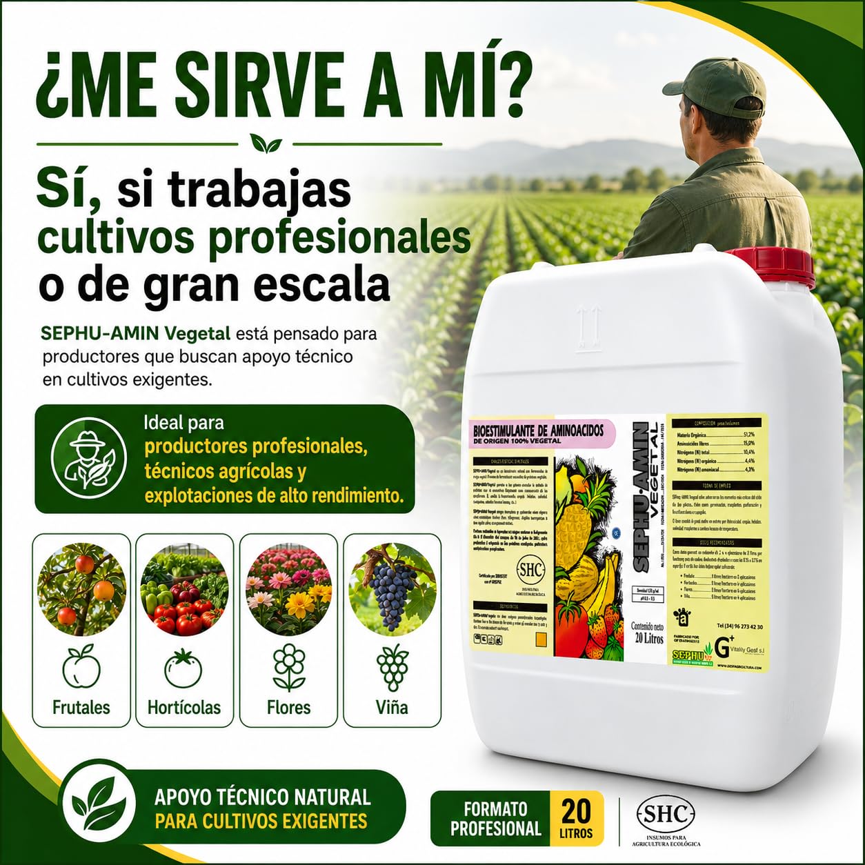 SEPHU Bioestimulante de Aminoácidos 100% Vegetal para tus plantas y cultivos potenciando su enraizamiento, 20 Litro, Certificado Agricultura Ecológica, Mejora Crecimiento y Resistencia