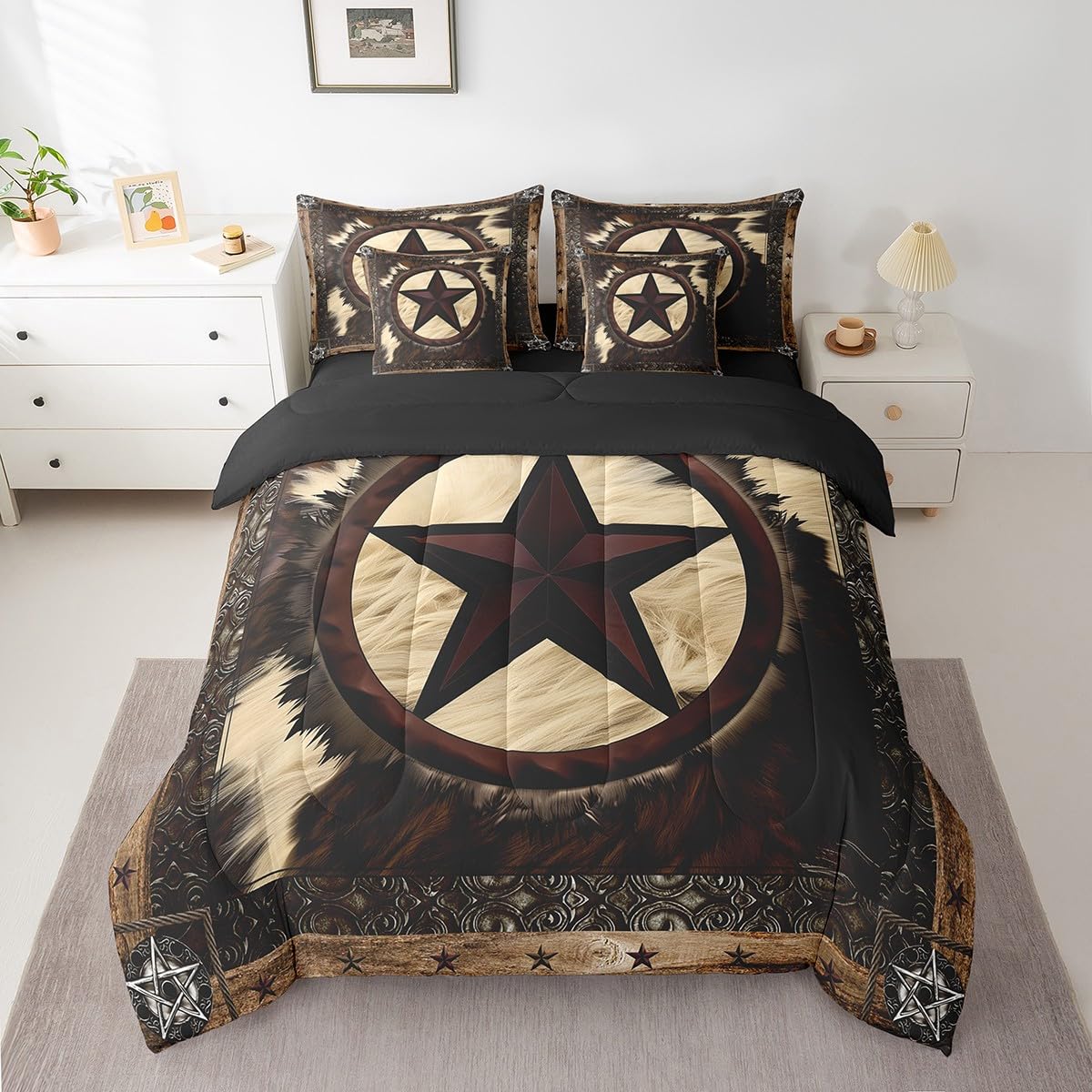 Erosebridal 7 Pcs Rustic Cow Comforter Set King Size,Western Texas Star Bed in a Bag with Flat Fitted Sheet for Cowboy Cowgirl,Cowhide Cow Print Bedding Set with Pillowcases and Cushion Cases