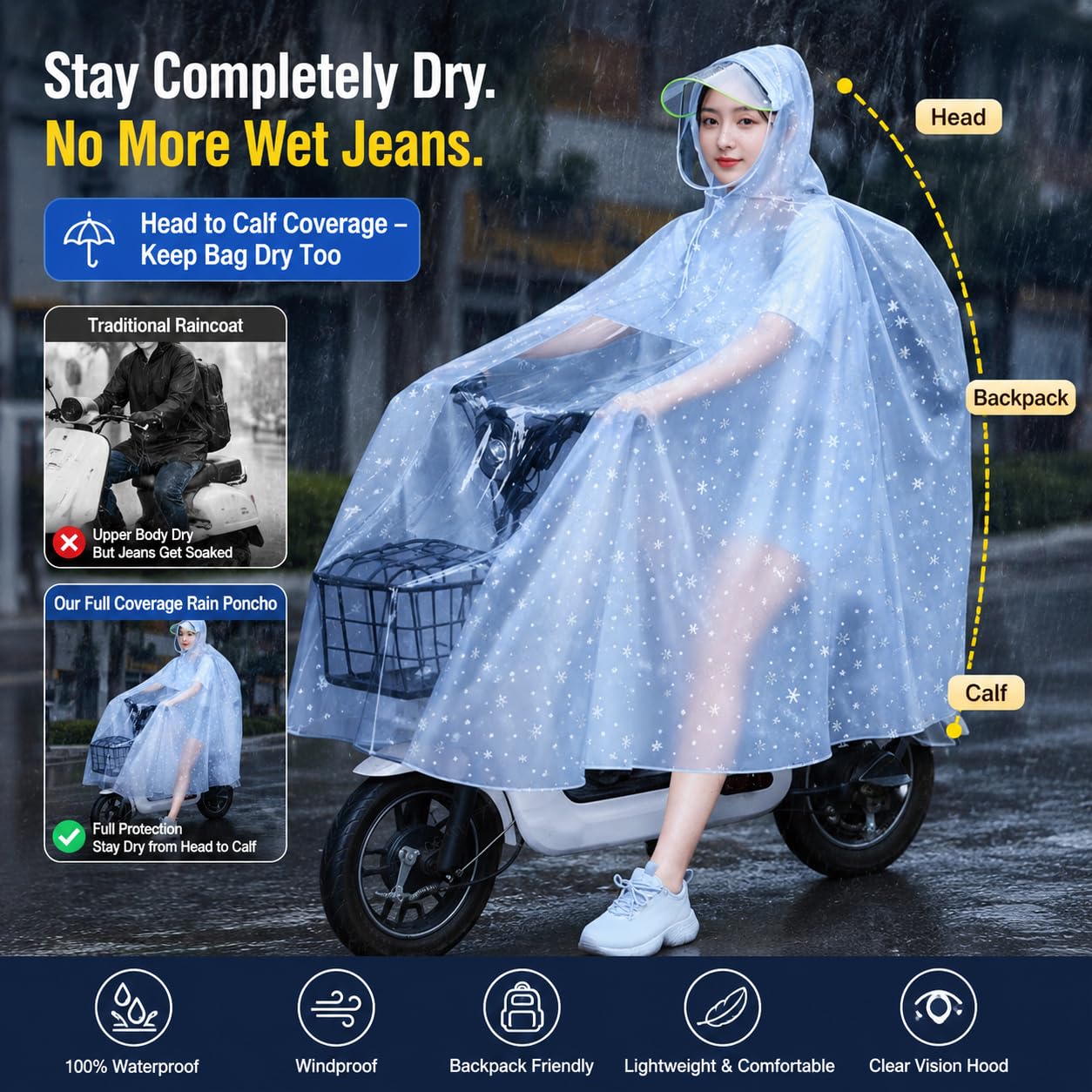 Chubasquero Transparente para Ciclismo para Mujer, Cuerpo Completo, PVC, Ligero, Portátil, Impermeable, para Bicicleta Eléctrica, Scooter, Bicicleta Eléctrica