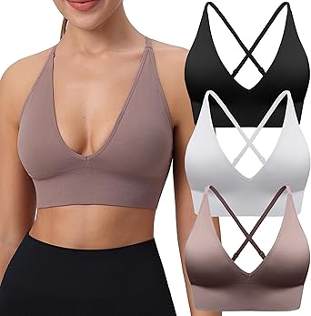 Evercute Women's Sports Bras Adjustable Deep V Neck Bras Wireless Spaghetti Strap Criss Cross Padded Low Support Sexy Bras