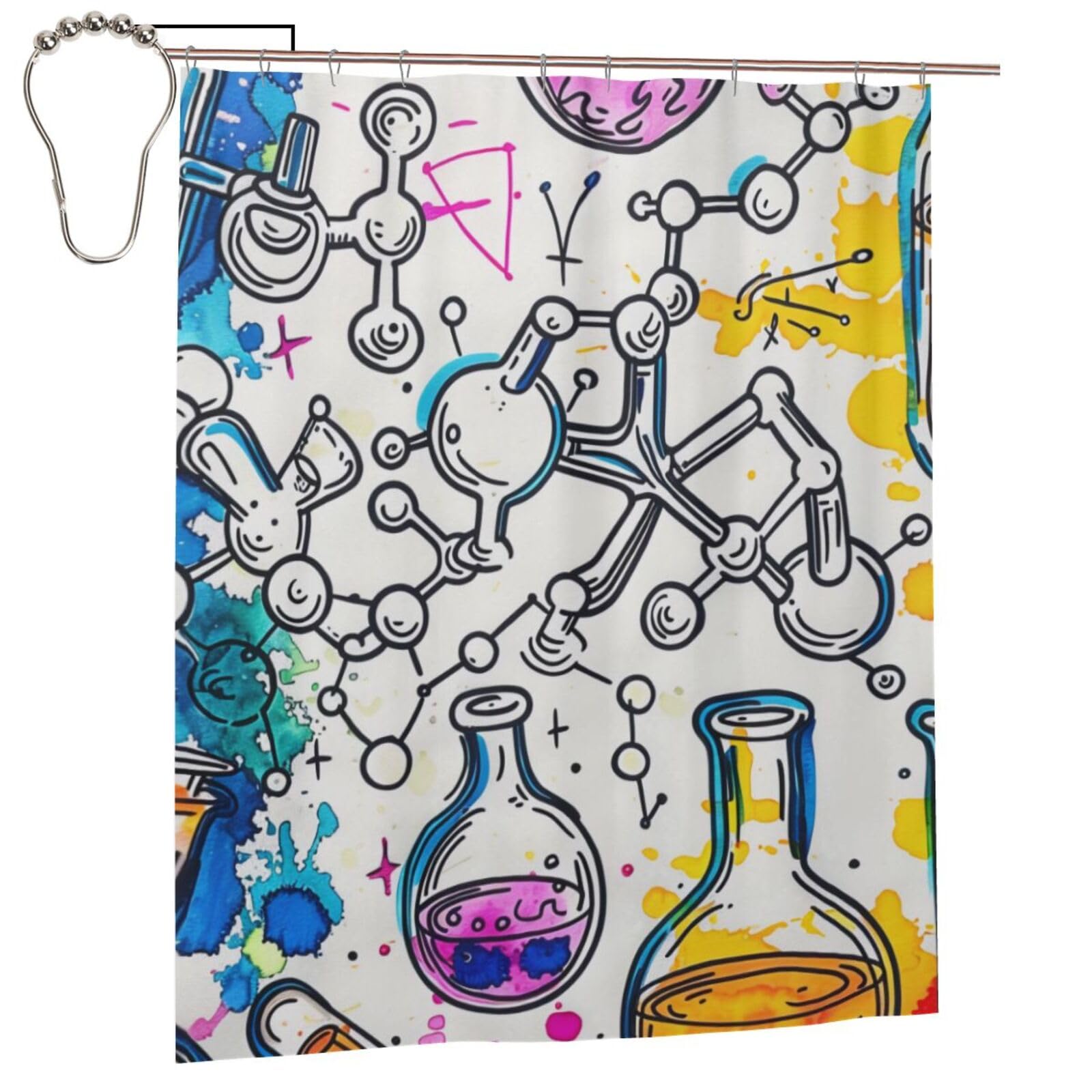 BWWHCCTI Chemistry Print Printed Shower Curtain With 12 Iron Hooks Opaque Quick Drying Waterproof Shower Curtains Sets For Bathroom 152x183 Cm