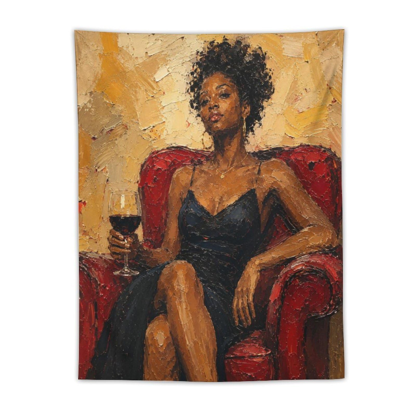 W7C8U2X3 Black Woman with Wine Wall Tapestry, Oil Painting Style, Backdrop
