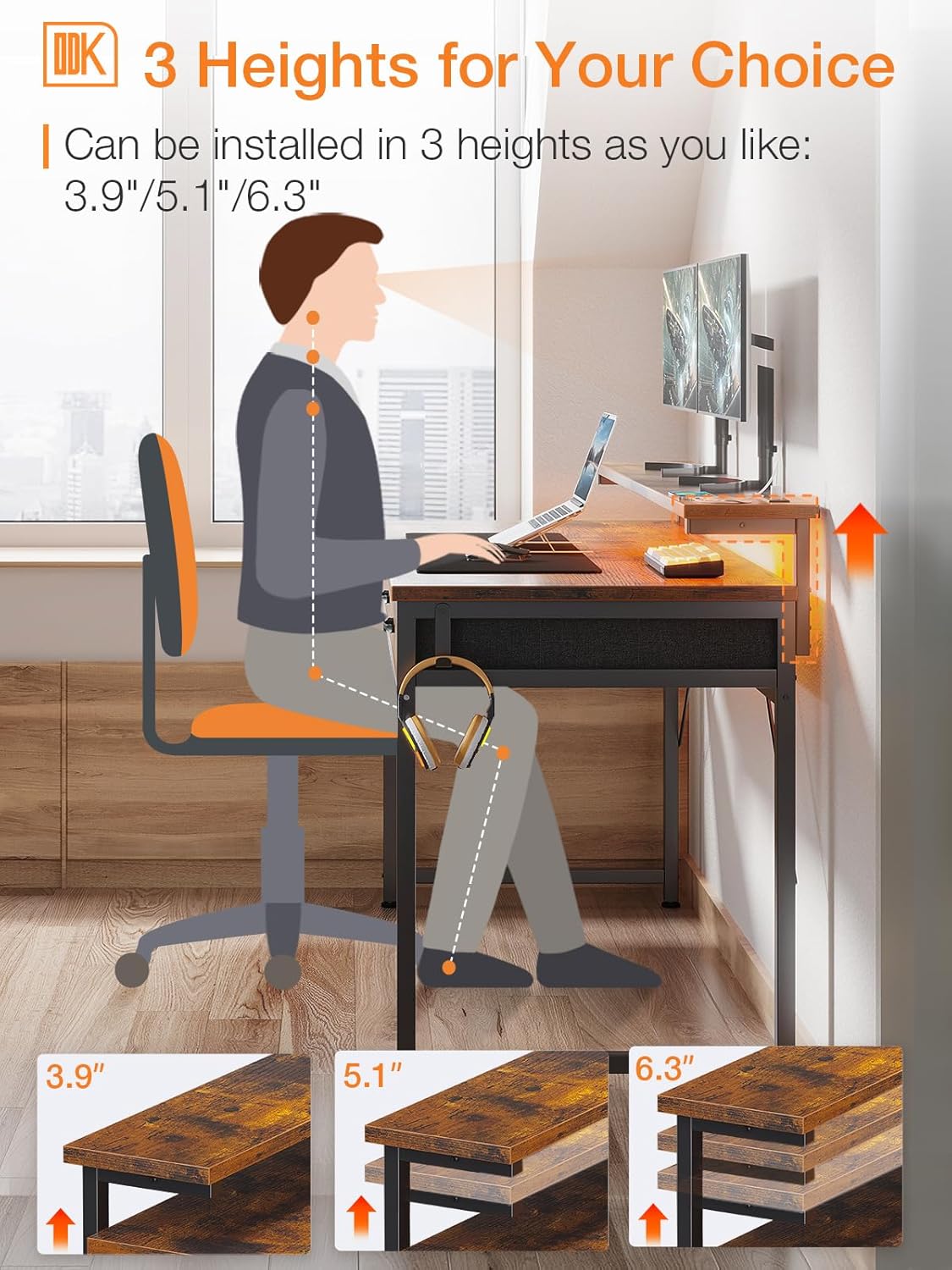 Diagram illustrating the three adjustable height settings for the monitor stand.